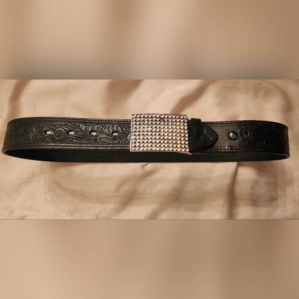 Black Embossed Belt with Rhinestones Buckle